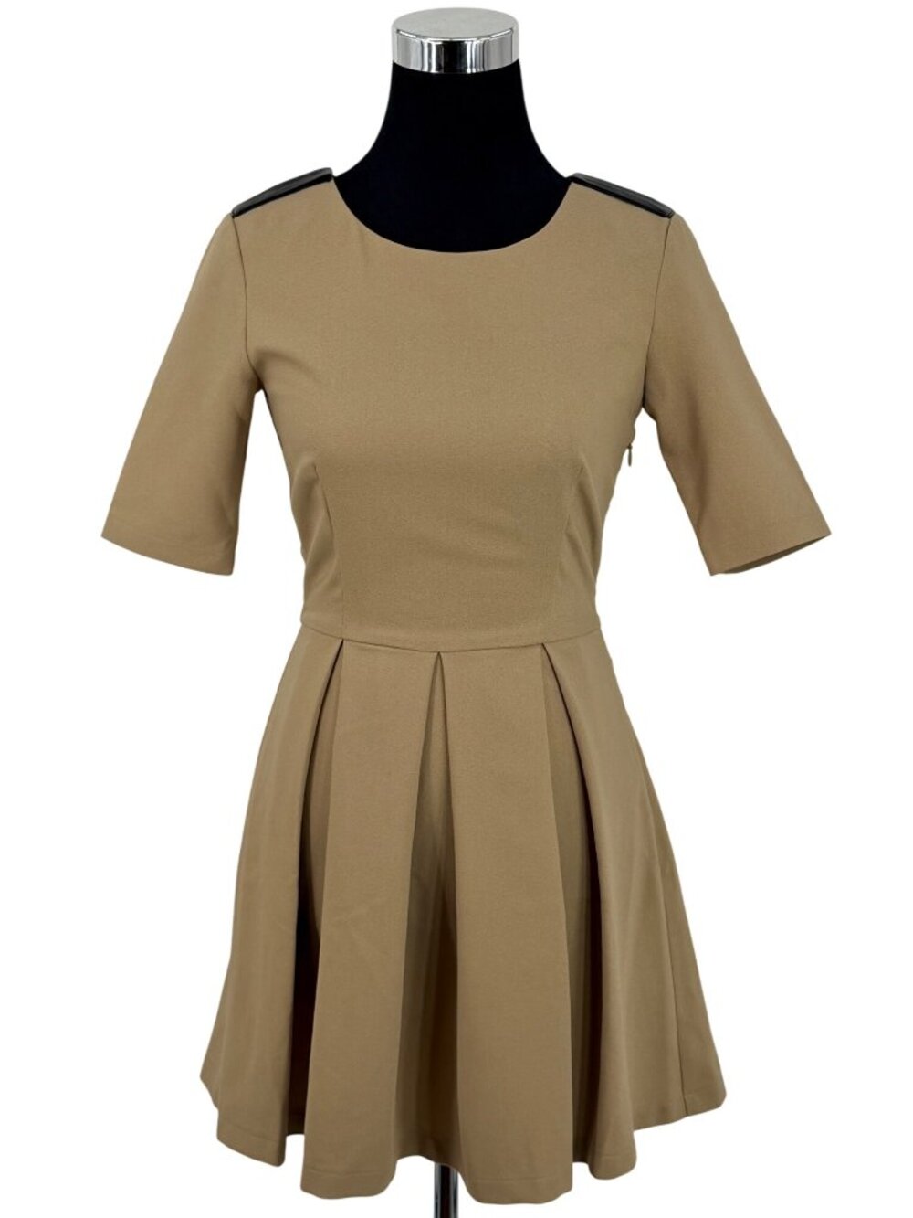 NWT ABS Tan Pleated A-Line Woven Mini Dress 2| Office Siren Dark Equestrian Twee - Picture 2 of 16